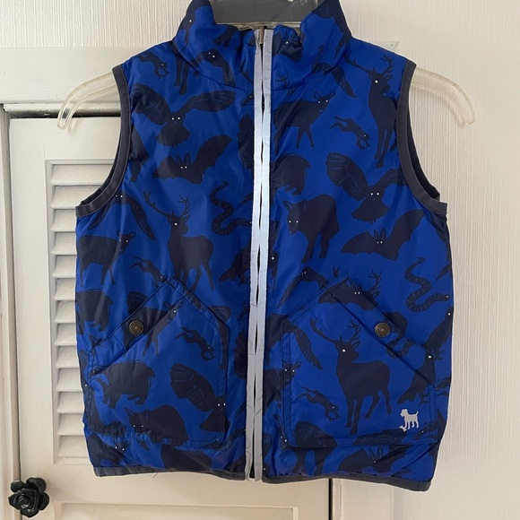 Mini Boden Boys Reversible Blue Navy Animal Print Puffer Vest Sz 4-5y - Picture 5 of 13